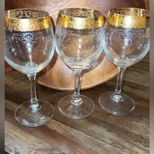 24K GOLD Cellini Beautiful Etched Blown Crystal WineGlasses Set of 3 Gold Trim
